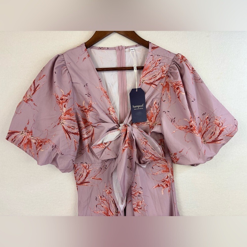 NEW Pink‎ Floral Easter Dress Bow Mini Short Sleeve V Neck Wedding Blush Small - Picture 3 of 14